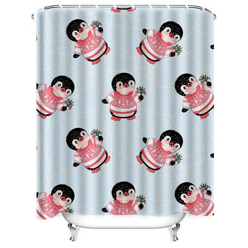 TU Cute Penguin Shower Curtain Blue Bathroom Decor Waterproof Fabric Liner Vintage Farmhouse Coastal Home Decor Set Modern Style
