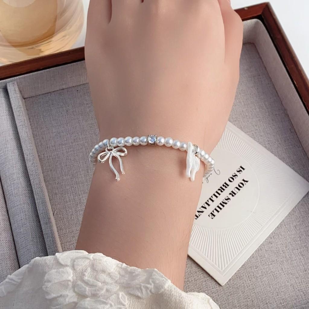 

Stylish Cat Highend Bowknot Pearl Hand Accessory Bracelet For Womens Summer Outfits белый