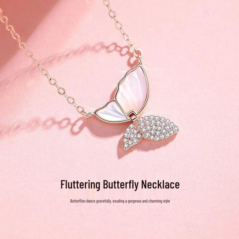 

S925 Sterling Silver Butterfly Necklace with White Shell & Zircon Accents - Elegant Women s Clavicle Chain 925 Silver