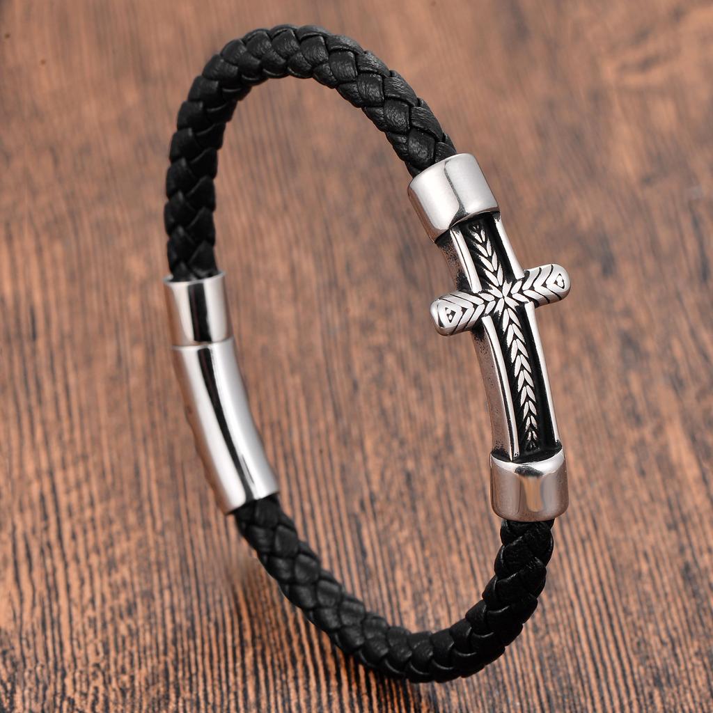 Black Leather Rope Cowhide Men's Double Layer Genuine Leather Woven Bracelet Handmade Multilayer Leather Cross Bracelet 2026