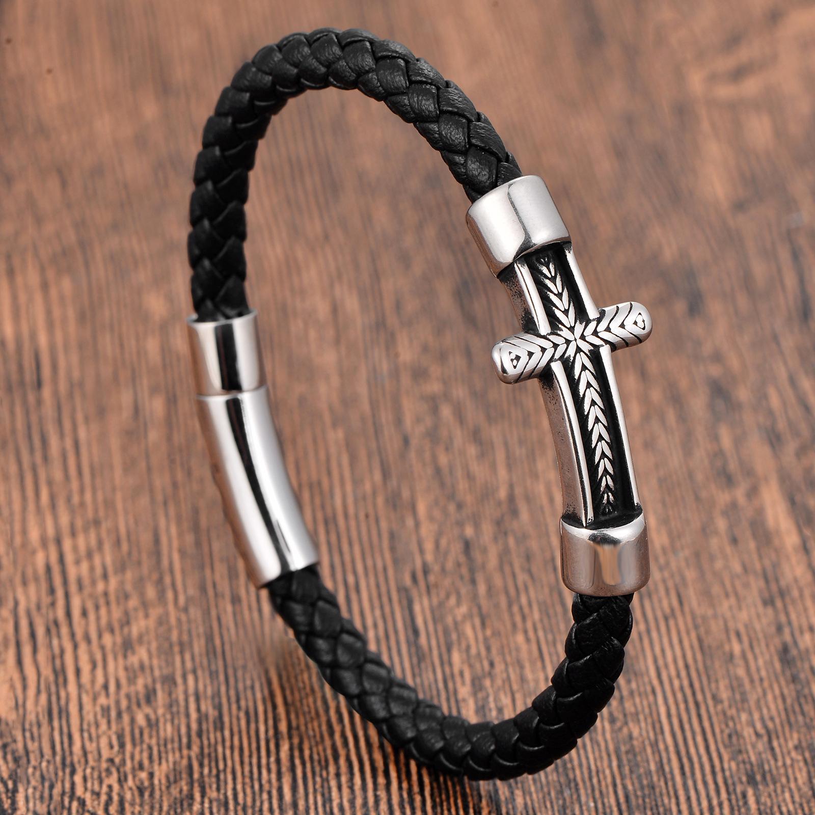 

Black Leather Rope Cowhide Men s Double Layer Genuine Leather Woven Bracelet Handmade Multilayer Leather Cross Bracelet 2026 21CM