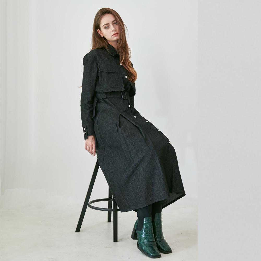 Bunderghost Asymmetrical Cuff Pleated Dress (Dark Denim)