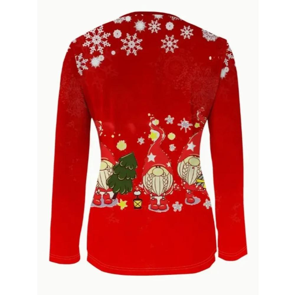 Large Size Women's Fashion Semi-Open Cloth Low Neck Long Sleeve T-Shirt | Casual Style, Christmas Print
