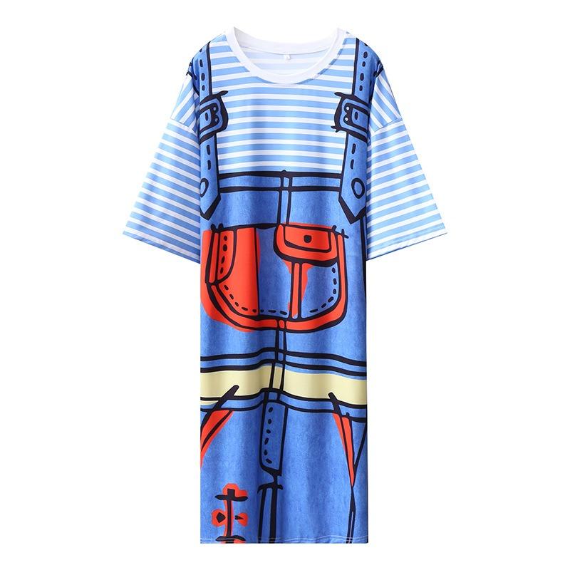 Women's Summer Short Sleeve Loose Cartoon Print Dress Fake Two Striped Suspenders T-shirt Dress