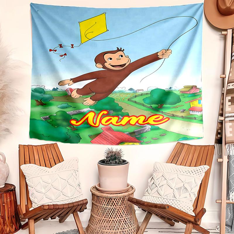 Personalized Curious George Background Tapestry,Custom Name Birthday Party,Multifunctional Wall Decoration for Home Decor,Various Occasions