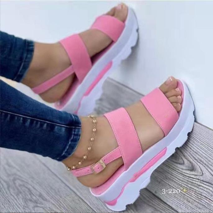 Summer New Large-size Women's Shoes Wide-sided One-word Buckle with Thick-soled Wedge Heel Fish Mouth Sandals Women