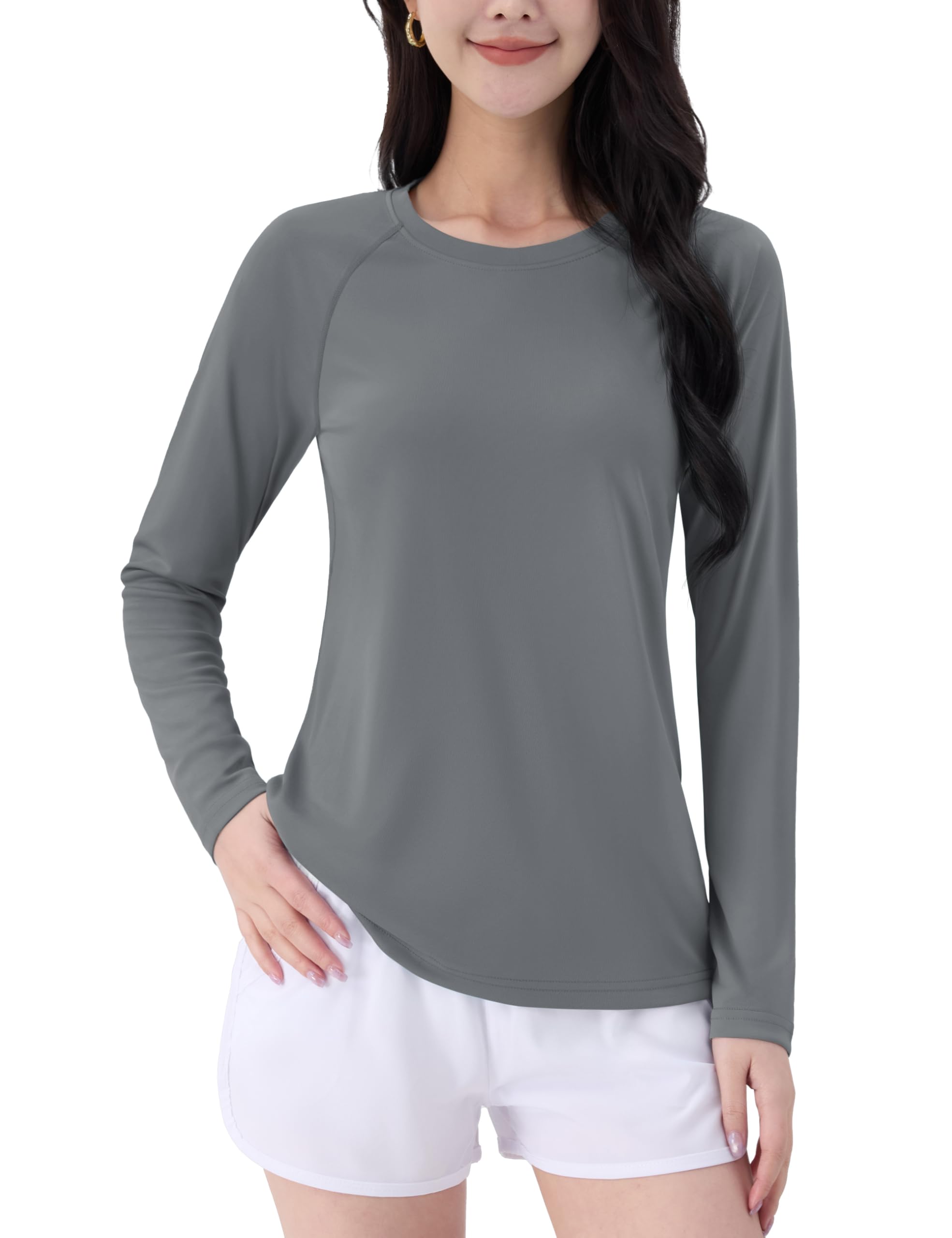 

TACVASEN Long Sleeve Rash Pilates Hot Round Solid Dark Size L Women s T-Shirt, Guard, Wear, Yoga, Neck, Stretchy, Stylish, Color, Quick-Drying,
