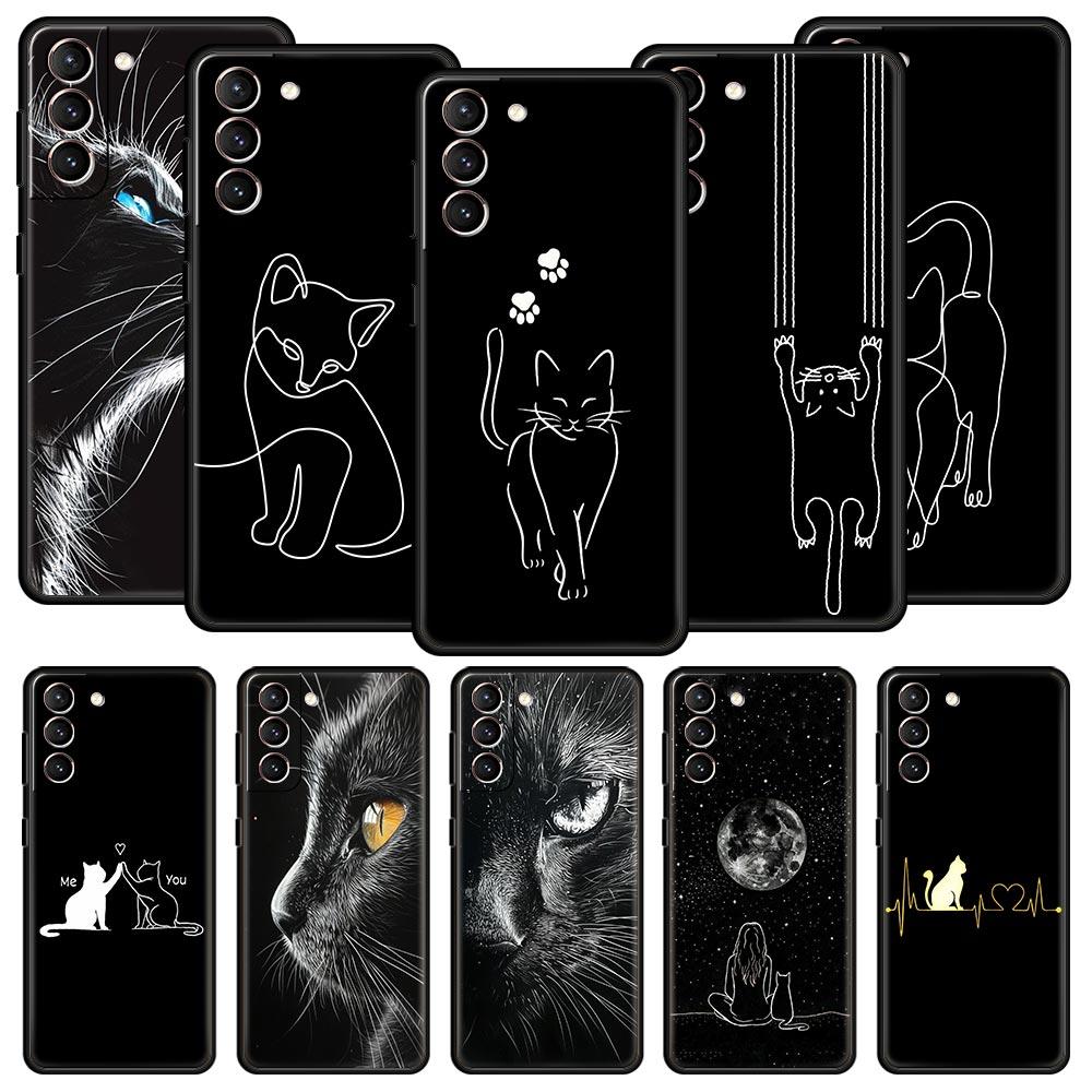 Cat Line Black Cats Phone Case For Samsung Galaxy S26 Ultra S25 Plus S24 FE S23 S22 5G S21 S20 Cover Black Soft