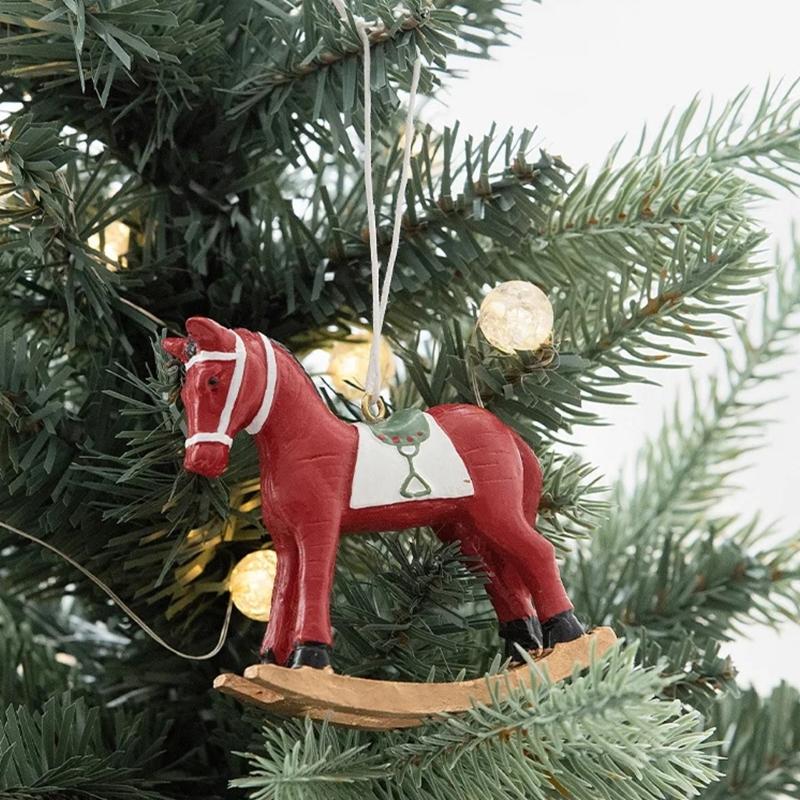 2Pcs Christmas Tree Hanging Ornament Resin Horse Figurine Hanging Decorations For Mantels Tabletop Holiday Decoration