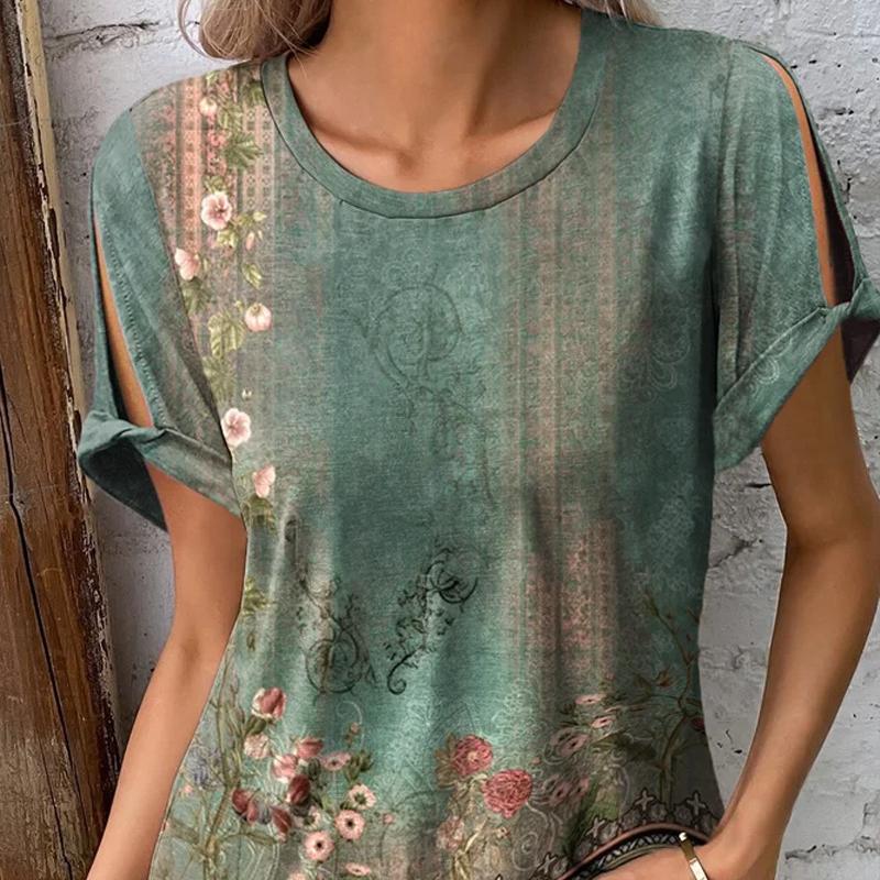 

Весенне-летняя новая женская повседневная и удобная футболка с короткими рукавами и принтом в этническом стиле L зелёный