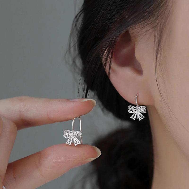 Real 925 Silver Lace Bowknot Stud Earrings For Women Party Classic Fine Jewelry Light Accessories
