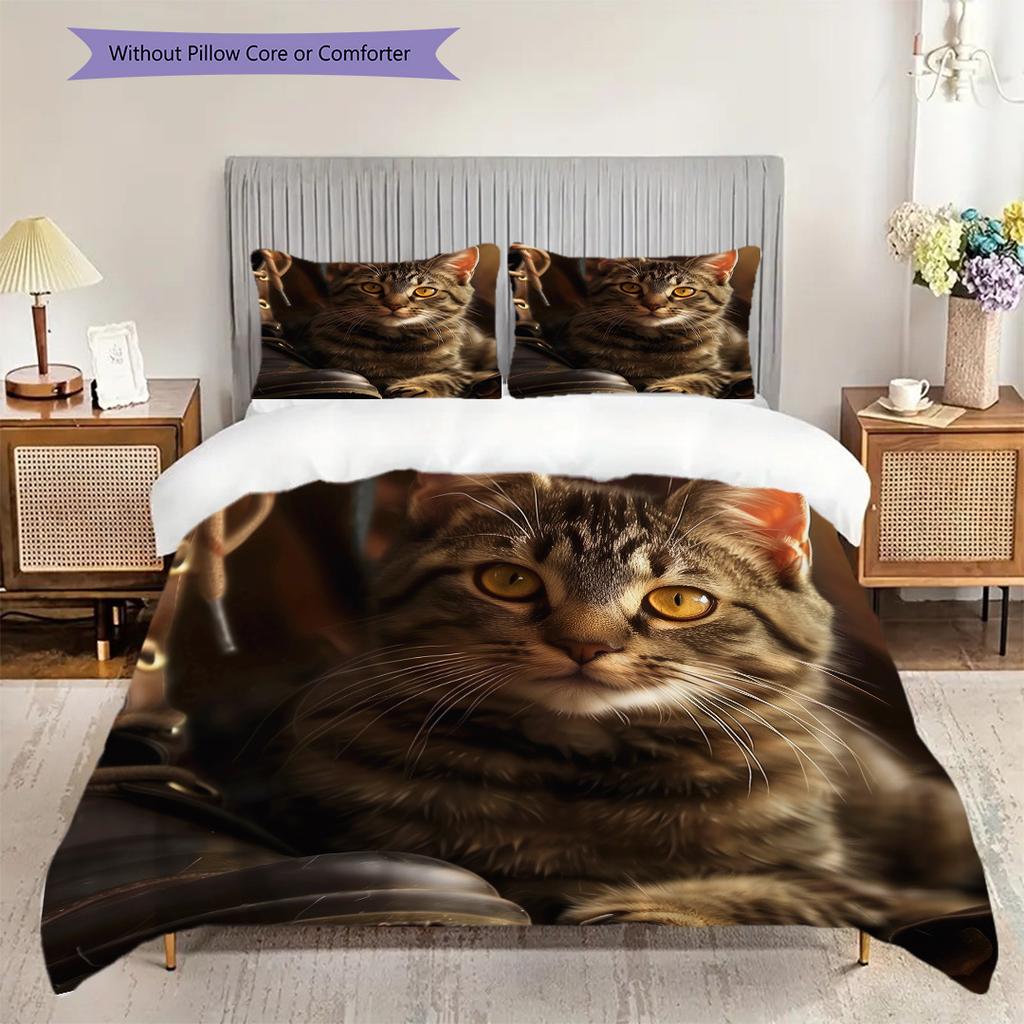 Tabby Cat Pattern Bedding Quilt Set Quilt Cover Pillowcase Home Decoration Birthday Gift (1 * duvet cover + 2 * pillowcase, without core)