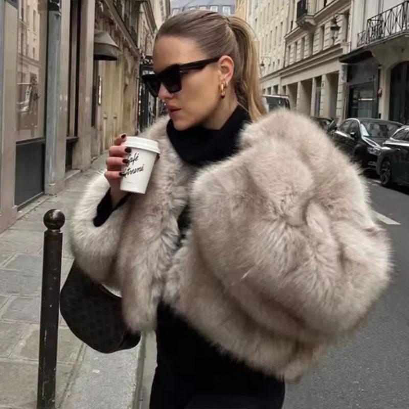 Winter warm new women's round neck imitation fox hair loose long sleeve Mao Mao jacket
