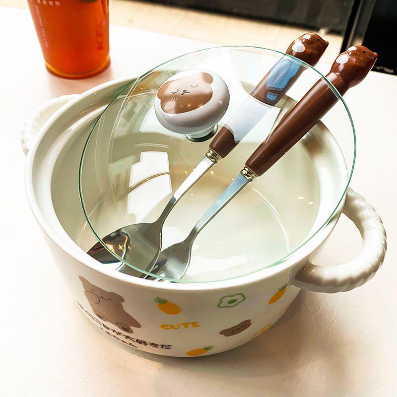 Korean Style Cute Heart Ceramic Noodle Bowl with Lid for Dorm or Bedroom Microwave Use