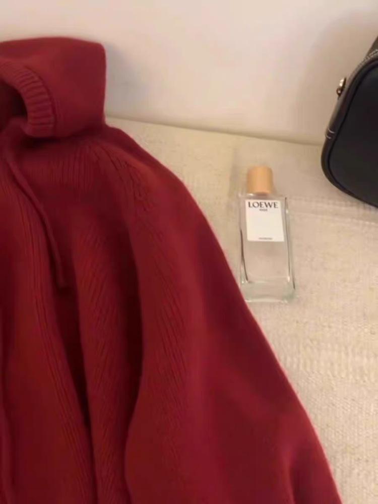Women's 100% Pure Wool Hooded Knit Sweater - Solid Color Loose Pullover