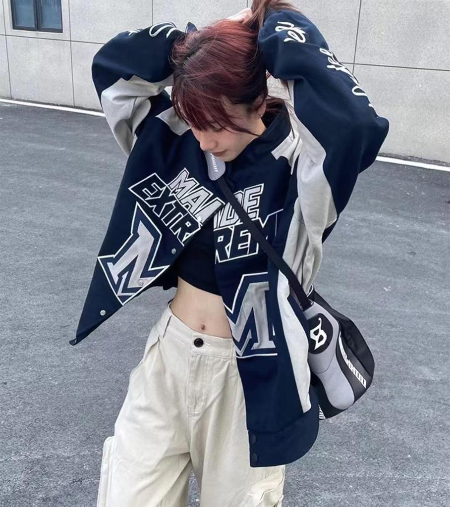 American Retro Racing Motorcycle Jacket: Unisex, Bold Color Block Design, Street Style, Loose Fit