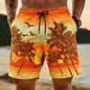 New Summer Hawaiian Men's Quick-Dry Swim Trunks, Sunset Palm Tree 3D Printed Beach Shorts, Elastic Waist Summer Surf Swimwear, C