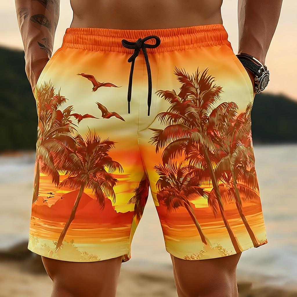 New Summer Hawaiian Men's Quick-Dry Swim Trunks, Sunset Palm Tree 3D Printed Beach Shorts, Elastic Waist Summer Surf Swimwear, C