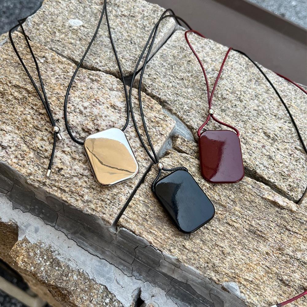 Adjustable Square Pendant Necklace Leather Rope Fashion Necklace Vintage Long Sweater Chain Girl