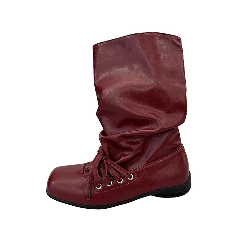 Vintage Ballerinas Damen Western Cowboy Stiefel Mode Damen Quadratische Zehe Plissierte Ritter Mid Calf Stiefeletten