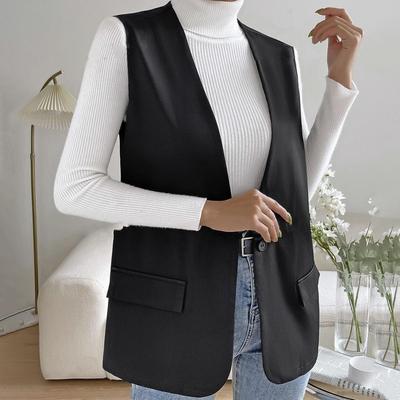 Women Vest Sleeveless Single Button Western Style Slim Fit Cardigan Suit Coat Pure Color Deep V Neck Formal Business Style Lady