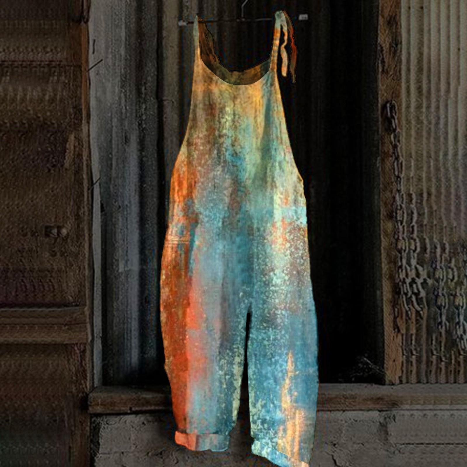 

Женский комбинезон с принтом, повседневный, свободный, винтажный, с бретельками, из хлопка и льна XXL небесно-голубой