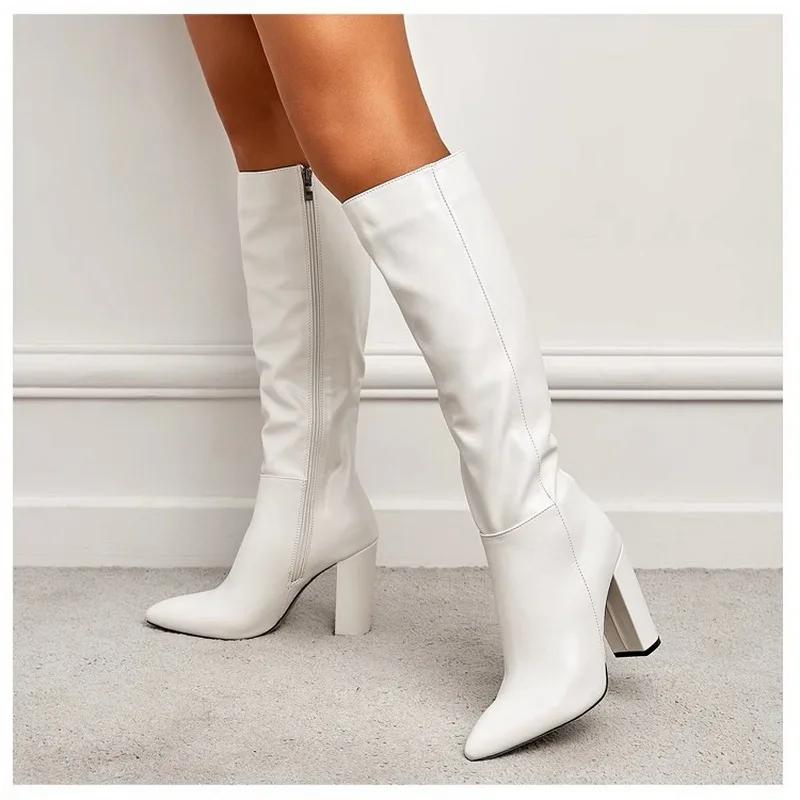 Sexy Pointed Toe Side Long Zipper Knight Boots Fashion Soft Leather Knee-high Women Boot Square High-heeledclub Dance Party Shoe