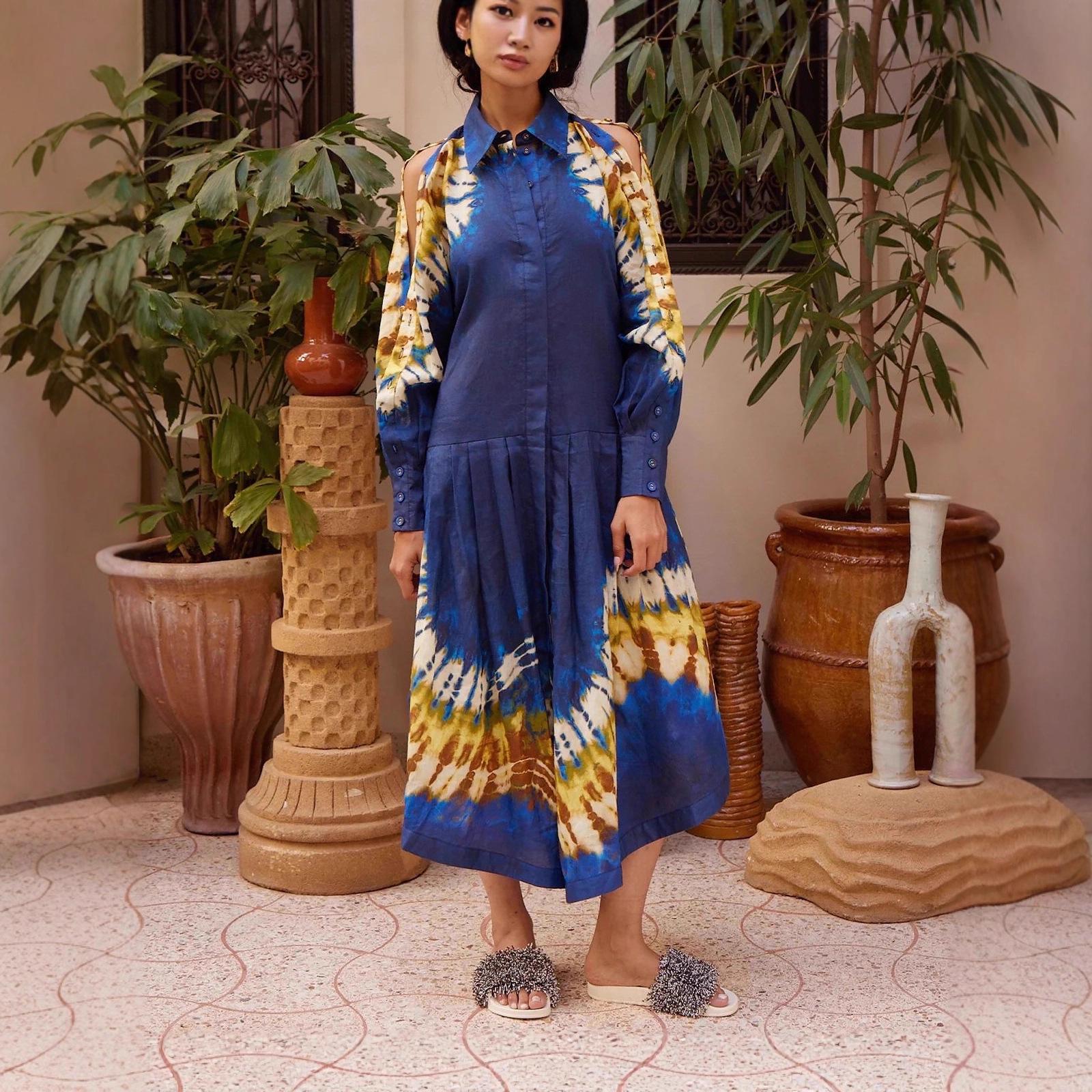 2025 European & American Linen Print Casual Fashion Dress XXL синий