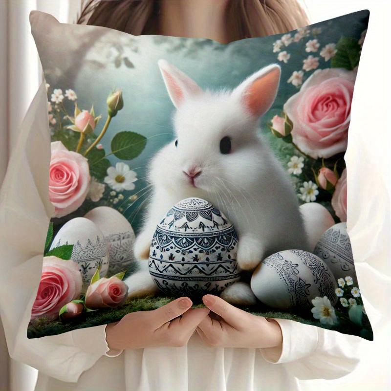 Cute Rabbit Bunny Easter Floral Pillowcase Cushion Cover Cottagecore Spring Decor Nursery Throw Pillow 40x40cm Art Print