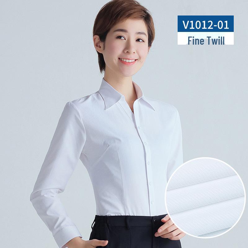 Women's 2025 Long-Sleeved White V-Neck Cotton Shirt - Slim Fit Professional Wear