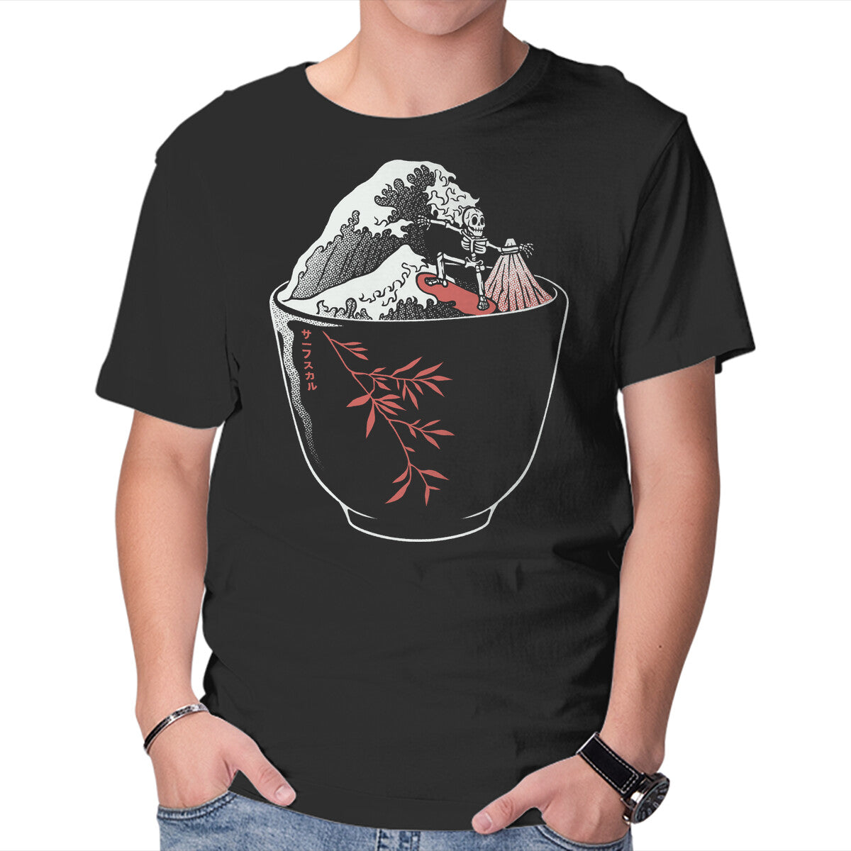 Unisex Crew Neck T-Shirt Kanagawa Coffee Cup Surfing Graphic Short Sleeve Casual Tee XS