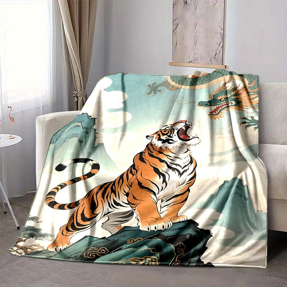1pc Tiger Print Blanket, Lightweight Flannel Fleece with Digital Printing, Soft Warm for Sofa, Travel, Camping, Office, Couch, Chair, and Bed, All-Sea