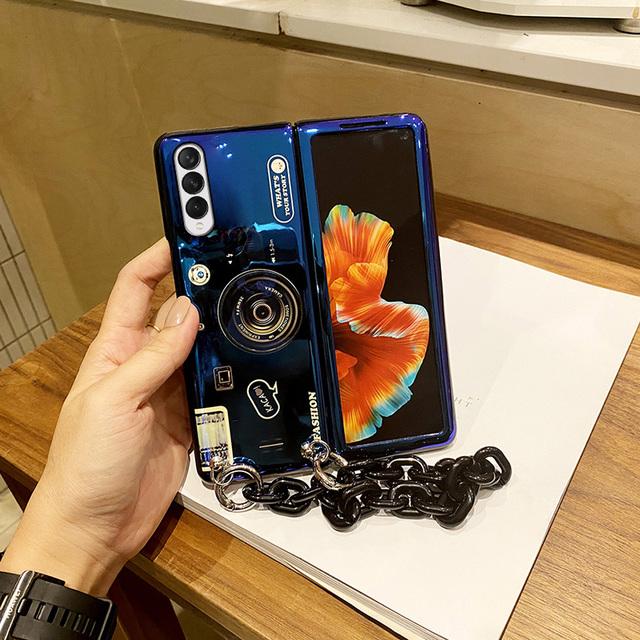 Blue Ray Cartoon Camera Holder Phone Case For Samsung Galaxy Z Fold 3 2 5g Glossy Imd Shockproof Protection Chain Cover