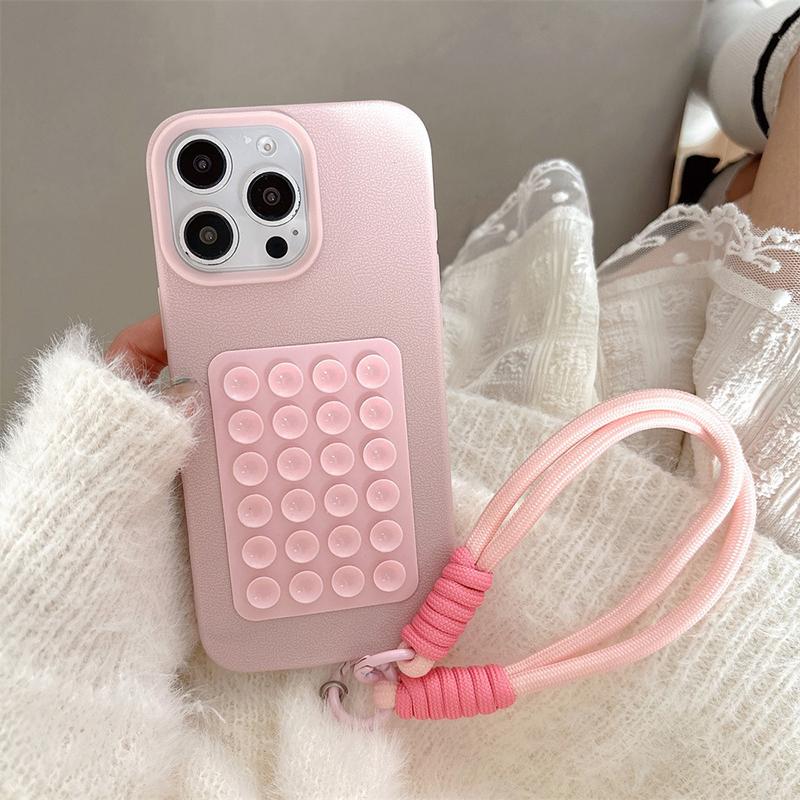 Suction Cup Stand Litchi Pattern Phone Case For iPhone 17 16 15 14 13 12 11 Pro Max X XS XR With Lanyard Rope Soft Bumper Cover