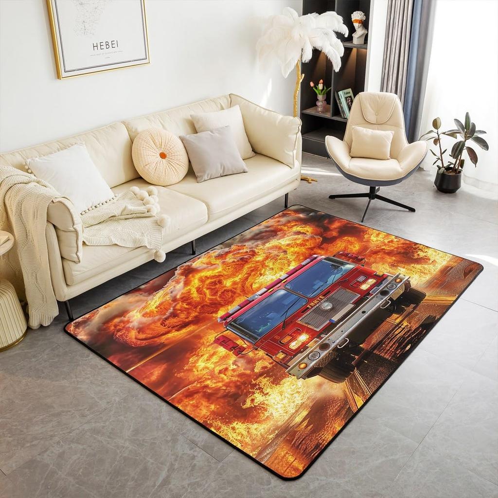 Firefighting Truck Area Rug, Fire Truck Carpet for Teen Boys, Cartoon Emergency Rescue Vehicle Floor Mat for Living Room Bedside