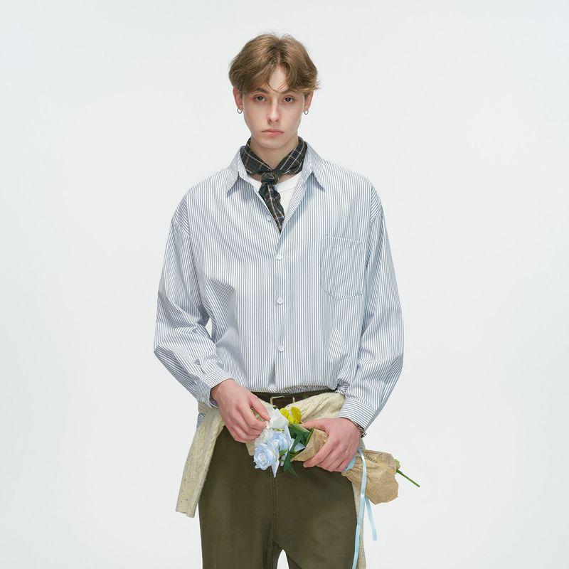 Dream Made American-Style Striped White Long-Sleeved Shirt for Men, Spring and Autumn Casual Workwear, Loose Inner Shirt