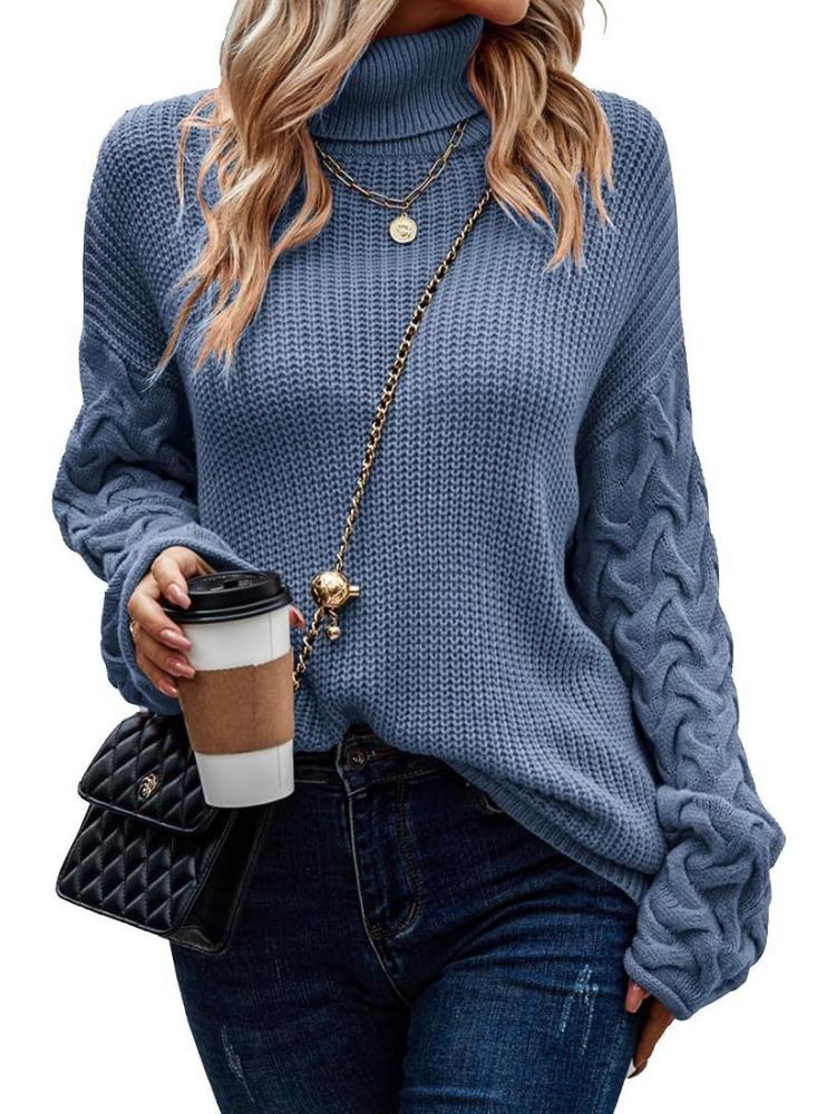 Sweater Fashionable High Neck Loose Cable Knit Long Sleeve Women's Knitted Top Luxurious Relaxed-fit Slimming and Versatile Top