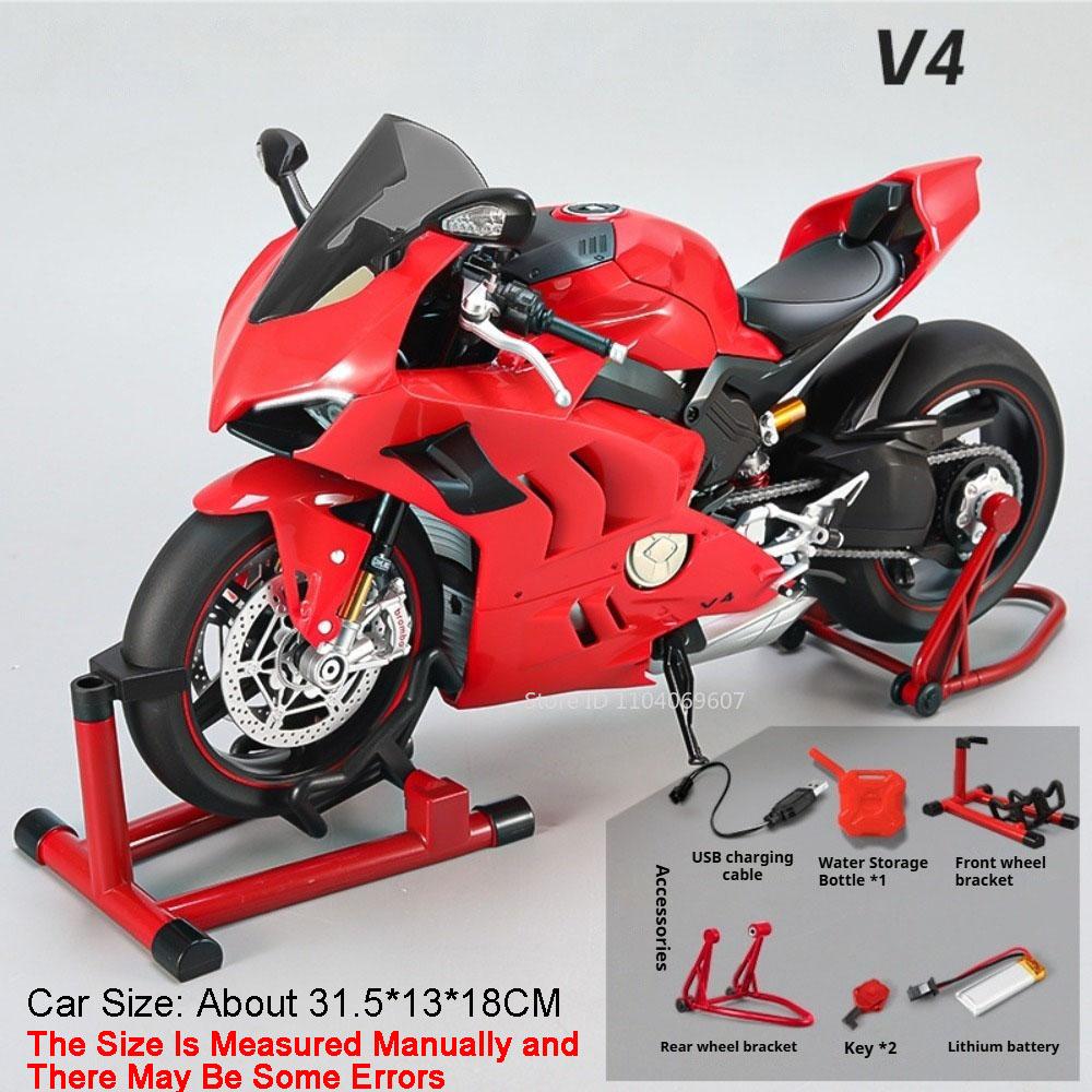 Large 1:7 Scale V4 V4R Motorcycle Model Toy Linkage Steering Shock Absorption Spray Motorbikes Sound Light Models for Kids Toys