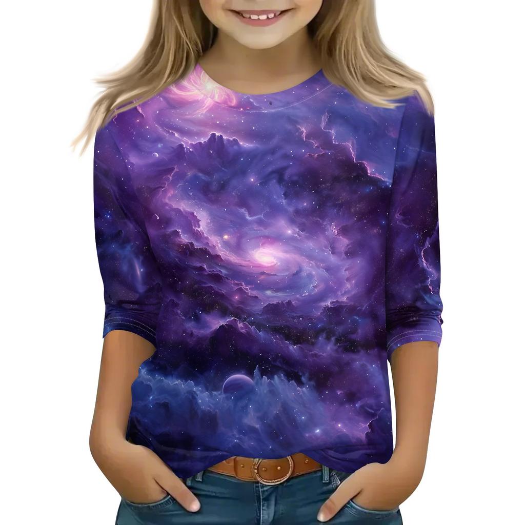 Bedruckte Oberteile für junge Mädchen von 5–16 Jahren, Rundhalsausschnitt, 3/4-Ärmel, T-Shirts, trendige Oberteile, Outfit-T-Shirts