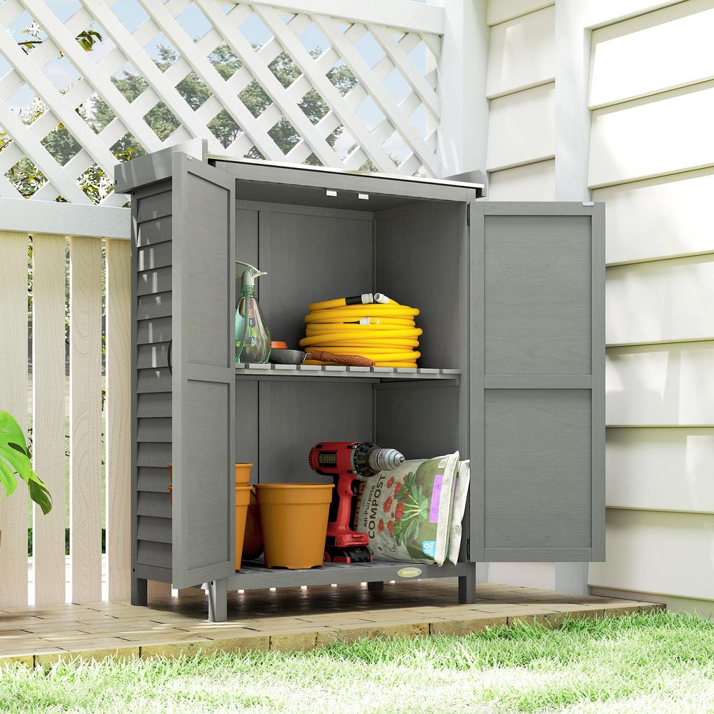 Wooden Garden Shed, Garden Tool Storage Shed with Shelf and Side Hooks, 71.5 X 39 X 95 Cm, Grey