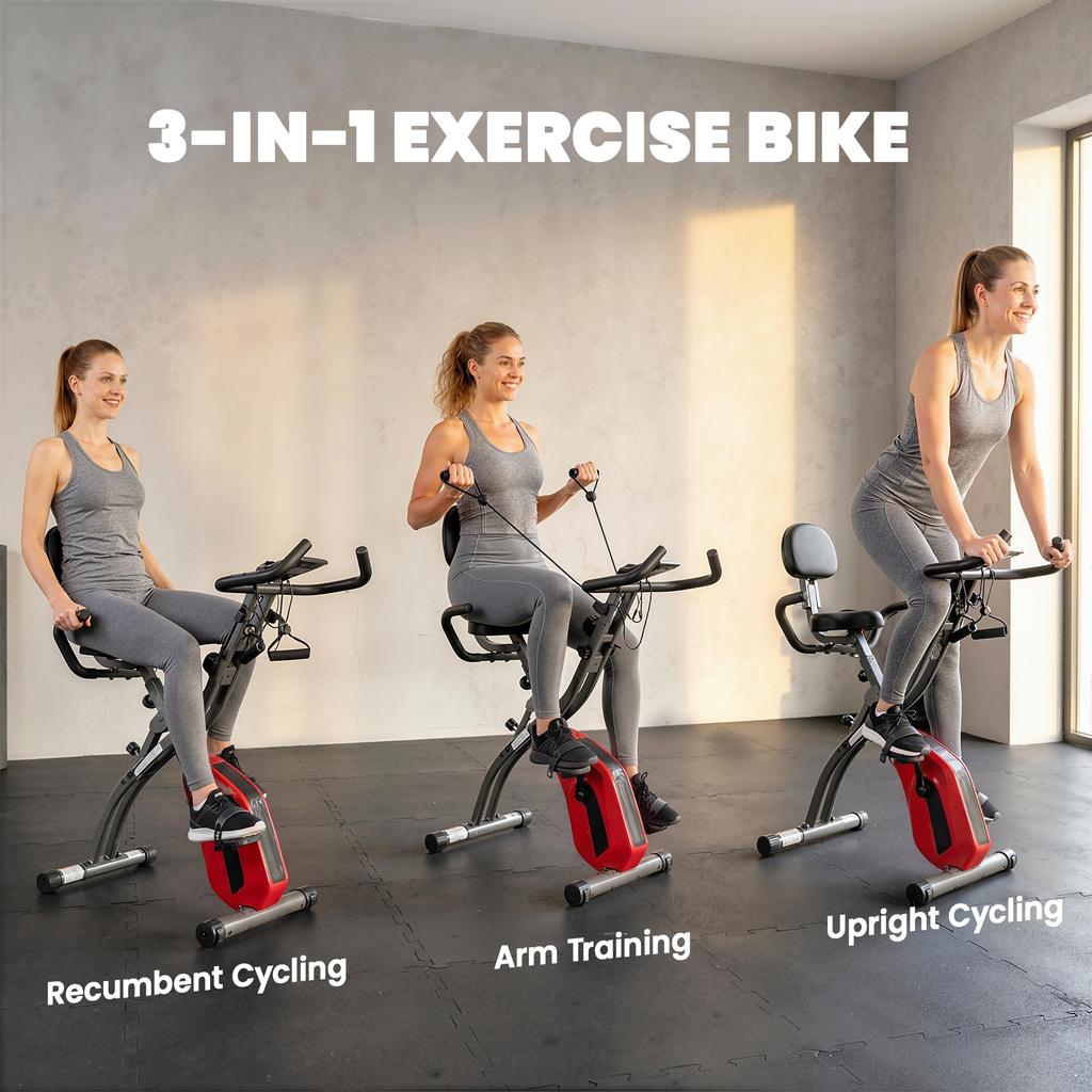 3-In-1 Folding Exercise Bike with Resistance Bands, Bluetooth App, 8-Level Magnetic Resistance, LCD Display, Red