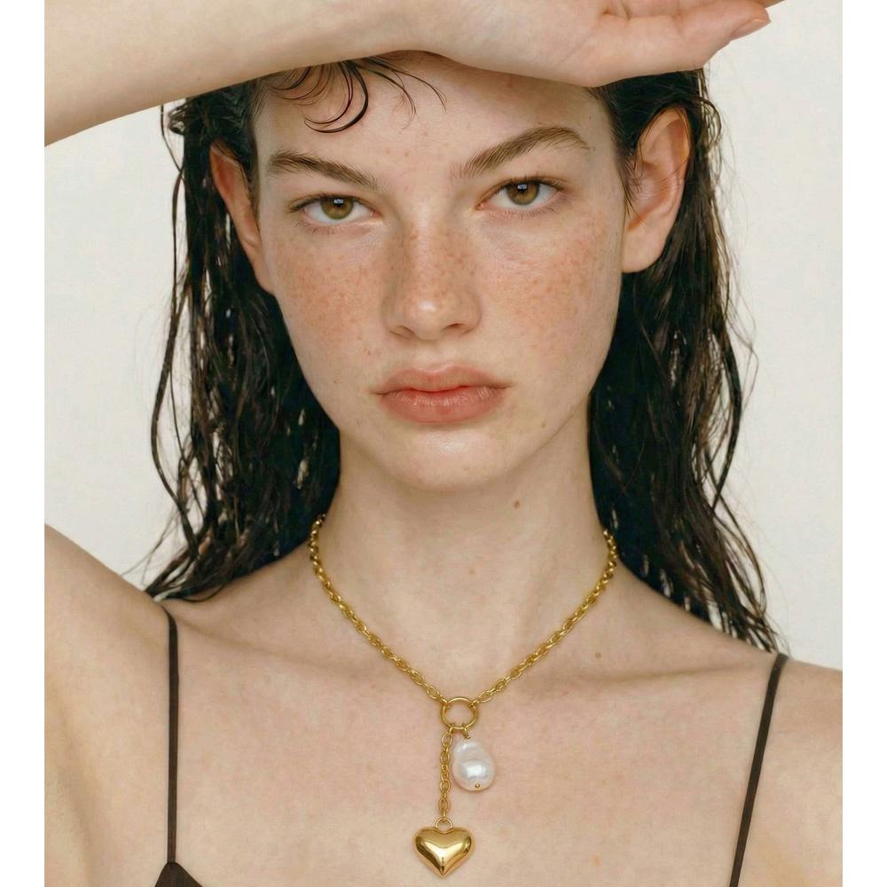 Yhpup Stainless Steel Baroque Simulated Pearl Heart Chain Drop Charm Necklace Rust Proof Popular Fashion Charming Jewelry 2026