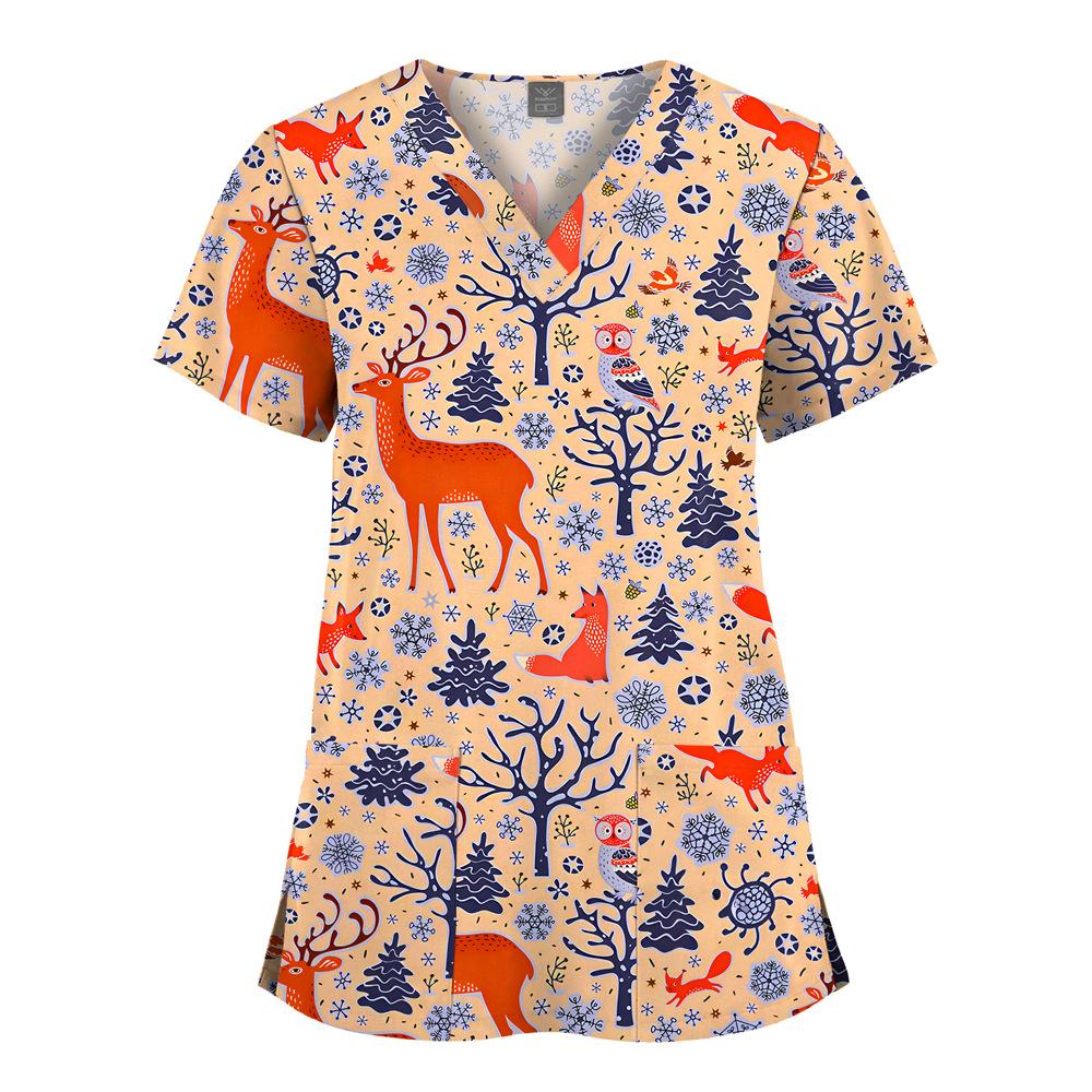 Quick-Drying Printed T-Shirt Short-Sleeved V-Neck Dental Oral Hand Wash Clothes Beauty Salon Pet Hospital Doctor Nurse Overalls
