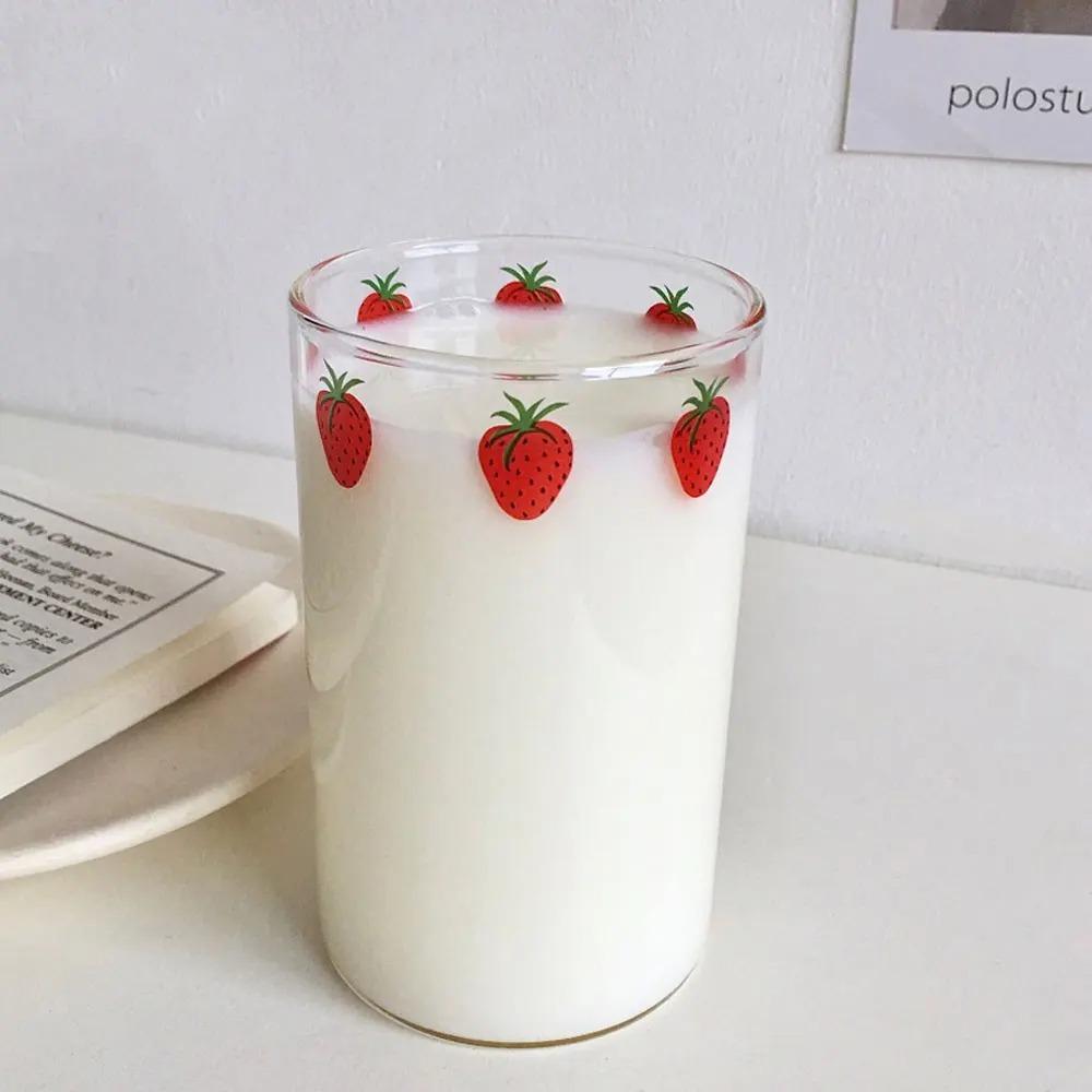 1pc Strawberry Cute Glass Cup 300ml Creative Transparent Water Cup Student Milk Heat Resistant Glass Cup 300ml