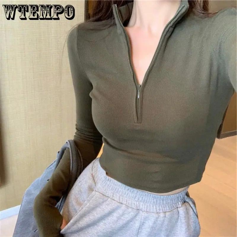WTEMPO Elegant High Neck Half Zipper Front Knitted Sweater Women Solid Basic Cropped Pullover Summer Spring Fashion Clothing Sweater