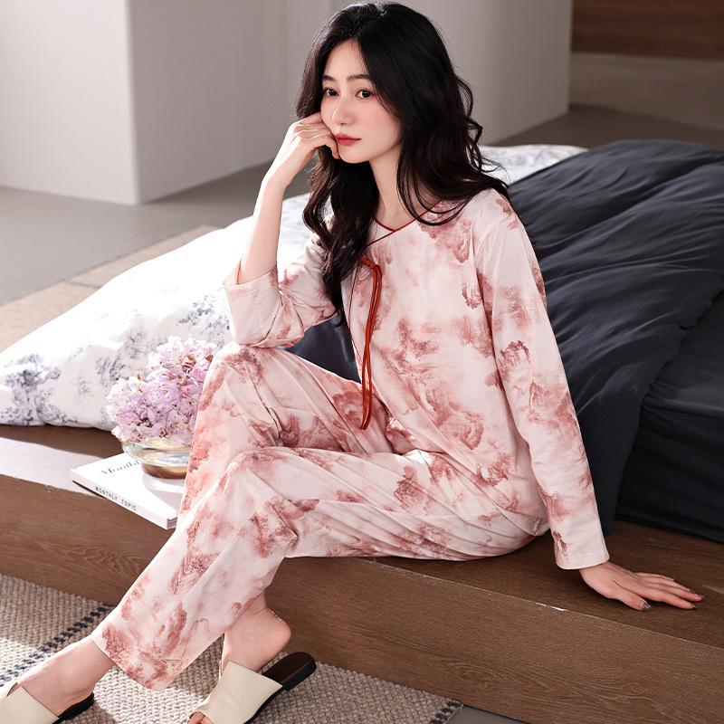 New Chinese Pajamas Women'S Spring And Autumn Pure Cotton Long-Sleeved Spring Thin Chinese Style Loungewear Cotton Set