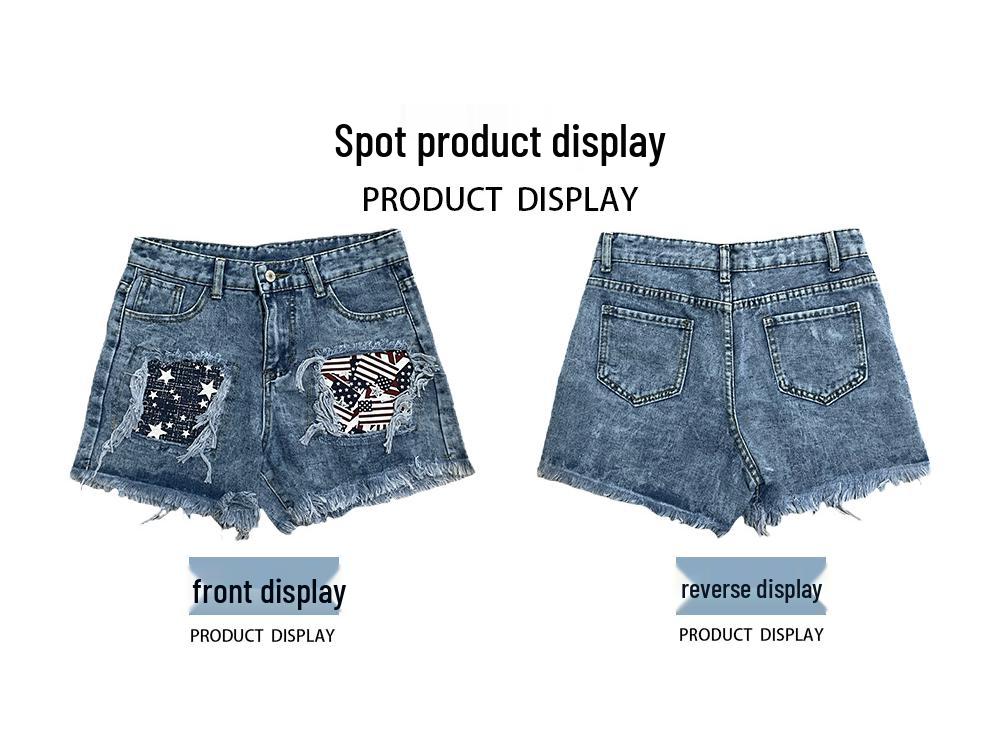 European & American Patchwork Ripped Snowflake Denim Shorts - Women's Slim Fit