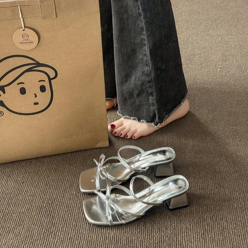Beautiful with skirt silver sandals women's new summer bow cool slippers thick high heels