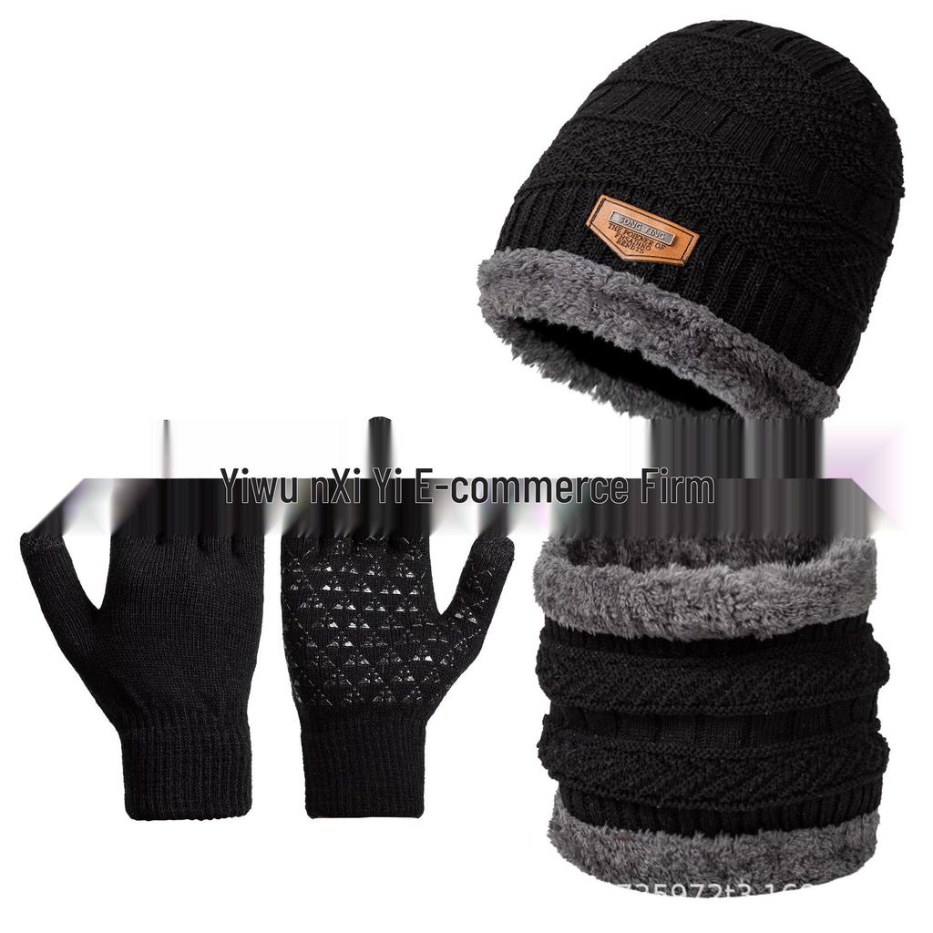 Men's Three-Piece Winter Set: Knitted Wool Hat, Scarf, and Touchscreen Gloves with Plus Velvet Warmth