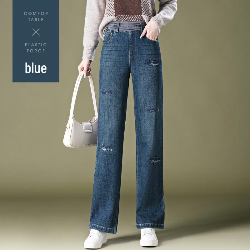 

High Waist Wide Leg Jeans - Slimming Straight Leg, Embroidered for Middle-Aged Women in Autumn and Spring. 31 синий